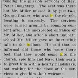 I think this is the same visit as in the earlier article, and the reporter meant to say New Mission...Omena. At any rate, since they were not sure when the church was built, "probably in 1849 or near that date" they say. Newspaper article about EE Miller's visit to Omena