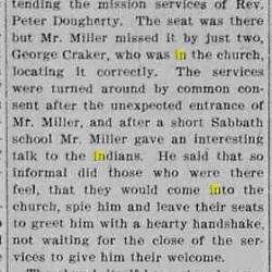 I think this is the same visit as in the earlier article, and the reporter meant to say New Mission...Omena. At any rate, since they were not sure when the church was built, "probably in 1849 or near that date" they say. Newspaper article about EE Miller's visit to Omena