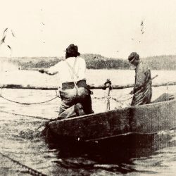 Taken in 1938, John is dipping fish from the big net into the rowboat and then into the bigger Eclipse. On the way back to the dock the fish were all packed in fish boxes with ice for shipment to Chicago and New York. Some were cleaned in the dock shed and sold to locals who loved meeting the boat and having a chat with Bill and John and taking home a whitefish or trout fo 50 cents. Taken in 1938, John is dipping fish from the big net into the rowboat and then into the bigger Eclipse. On the way back to the dock the fish were all packed in fish boxes with ice for shipment to Chicago and New York. Some were cleaned in the dock shed and sold to locals who loved meeting the boat and having a chat with Bill and John and taking home a whitefish or trout fo 50 cents.