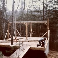 Tom making the hole in the sub flooring that the post will fit into. Tom making the hole in the sub flooring that the post will fit into.